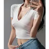 Women's T Shirts TVVovvin Simple Casual Style Lapel Sexig solid färg Kortärmad t-shirt Kvinnors höga midja Slim Stretch Short Top