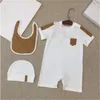 Romper de bebê de design de algodão para meninos e meninas, roupas de desenho animado, manga curta, gola de boneca, recém-nascido, macacões, chapéu, babador, conjunto de roupas 3 peças