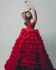 الفساتين غير الرسمية الساحرة الكشكشة المورقة الحمراء ثاتة الزفاف تول ، ثوب حفلة موسيقية زهرية الدانتيل الطويل رداء الأحداث الرسمية