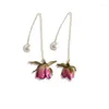 Dangle Earrings Cute Sweet Red Pressed Flower Long Drop Women Natural Rose Wire Chain Fashion Jewelry C1FE