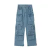 Women s Jeans Multi Pocket Blue Washed Cargo Pants Y2k Retro High Street Fashion Waist Couple Harajuku Simple Casual Wide Leg 221231