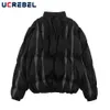 Men s Jackets Pleated Striped Stand Collar Padded Mens Contrast Paneled Streetwear Quilted Winter Loose Zipper Thick Outerwear 221231