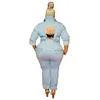 Hosen Plus Size Stück Outfit Jumpsuits Jeans Frau Reine Farbe One Chole Chain Collect Taille Rückenfrei Knöpfe Langarm Drop