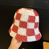 Berets 2023 Women's Hat Plaid Straw Bucket Patchwork Sun Visor Haak dames cap voor vrouwen groothandel strandkappen