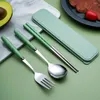 Set di stoviglie Kit di bacchette forchetta cucchiaio in acciaio inossidabile da 3 pezzi con scatola di immagazzinaggio Accessori da cucina riutilizzabili portatili per pranzo all'aperto