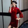 Roupas étnicas vestido chinês sexy qipao veludo cheongsam qi pao vermelho vestidos robe vintage femme 3/4 manga shanghai oriental 10296