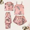 Women's Sleepwear 5 Pieces Faux Silk Stain Pajamas Sets Without Chest Pad Pyjama Sexy Sling Shorts Long Sleeve Pants Tops