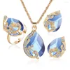 Necklace Earrings Set 3pcs Water Drop Peacock Gold Pendant Women Birthday Party Gift Daily Jewelry Exquisite Ring Costume