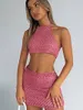 Work Dresses Lairauiy Womens Knitted Skirt Suit Solid Color Sleeveless Tie Back Halter Backless Crop Tops With Summer Mini Outfits Set