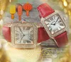 Couple Square Roman Dial Watch Luxury Fashion Crystal Diamonds Ring Men Women Genuine Leather Belt Quartz Core Ladies Female Rose Gold Silver Case Wristwatch gifts