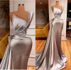 Silver Elegant Evening Dresses with Crystal Satin One Shoulder Mermaid Prom Dress Custom Made Ruffles Formal Robe De Soiree