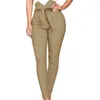 Pantalon féminin taille haute couleur solide crayon mince pantalon chic élastique dame bow ceinture mince tr