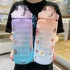 2000ML Gran capacidad 2L Botella de agua Taza de paja Color degradado Tazas de agua de plástico con marcador de tiempo Deporte al aire libre Fitness Botellas deportivas B0620