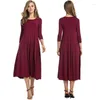 Active Shirts Spring Autumn Ladies Crew Neck Solid Mid Sleeve Long Dress Women Big Hem One Piece Suit Female Payty Casual Wear Plus Size