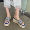 Slippers vrouwen wiggen vrouw blauwe zomer flip-flops oranje voor huisweefplatform rubberglaasjes schoenen schoenen