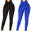 Pantalon féminin taille haute couleur solide crayon mince pantalon chic élastique dame bow ceinture mince tr