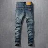 Heren jeans streetwear mode mannen retro blauw elastische slanke fit vintage Koreaanse borduurontwerper casual denim broek hombre