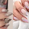 False Nails 24pcs DIYフルカバーラインの長いアーモンドフレンチフェイクの取り外し可能なプレス