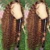 Långt #4/27 Höjdpunkt färgade mänskliga hår peruk ombre blond kinky lockig spets front syntetisk peruk för svarta kvinnor