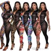 Dames Jumpsuits Designer 2023 Nieuwe Spring herfst Gedrukte gaas Webbing Splicing Slim Sexy Long Sleeve Zipper Sports Yoga Rompers