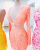 Sequin Nye Party Dress 2023 вырезанная щель длинные рукава леди короткие официальные мероприятия коктейль Hoco Gown Club Date Night Prage Pageant Интервью гала-каникулы сексуальные золотые красные v