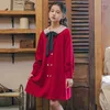 Dziewczyna sukienki Dziewczyny Czerwona Księżniczka sukienka 2023 Autumn Midi Children Preppy Style Baby Kids Cute Party Clothing Button #6633