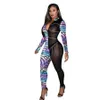 Dames Jumpsuits Designer 2023 Nieuwe Spring herfst Gedrukte gaas Webbing Splicing Slim Sexy Long Sleeve Zipper Sports Yoga Rompers