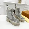 Women Designer Laureate Platform Desert Boots Suede Calf Leather and Patent Canvas Back Loop Treaded Rubber Outsole Martin Winter Sneakers With Box