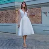 Vestidos de novia elegantes cortos de tul color marfil, línea A, mangas largas, perlas, hasta la rodilla, vestido de fiesta nupcial, hecho a medida de talla grande, 2023