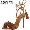 Sandaler Lovirs Women's High Heel Open Toe 12cm fransad korsband Lace Up Dress Stiletto Shoes Plus Size 5-15