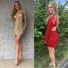 Paljett Nye Party Dress 2023 Cut-Out Slits Long Sleeves Lady Short Formal Event Cocktail Hoco Gown Club Date Night Prom Pageant Interview Gala Vacation Sexig Gold Red V