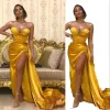 202 Gold Mermaid Prom Dresses Satin Designer Sweetheart Halsbindning Sidan slit Overskirt Custom Made Sweep Train Evening Gown Formal OCN Wear Vestidos Plus Size 403