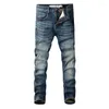 Heren jeans streetwear mode mannen retro blauw elastische slanke fit vintage Koreaanse borduurontwerper casual denim broek hombre