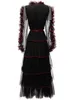 Robes décontractées Designer Mode Printemps Automne Femmes Celebrity Tierred Ruffles Noir Mousseline De Soie Midi Robe De Soirée De Haute Qualité