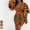 Etniska kläder afrikanska kvinnor klär dashiki kanga femme maxi v hals sommar kort ärm kjol bazin rik plus storlek geometriskt tryck