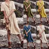 Skirts 2023 Boho Cotton Linen Dress Women Women's Solid Short Sleeve Button Loose Knee Length Summer Sun Dresses Vestido