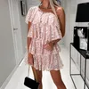 Casual jurken vrouwen mode glanzend pailletten mini jurk sexy off schouder backless feest elegante skew kraag ruches cake nighclub