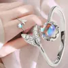 Cluster Anéis Fashion Colorful Opal Ring Wedding Jewelry Adjustable Open Crystal Mermaid Rhinestone Tail For Women Ladies Finger