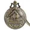 Pocket Watches Bronze Train Front Locomotive Engine Necklace Quartz Watch Flowers Surround Engraved Cover Pendant Chain Collectibles