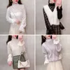 Blouses feminina Mulheres 2023 Autumn Winter Fashion Ruffled Lace Bottoming Camisetas femininas Mangas compridas tops de malha de malha J164