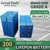 LiFePO4 Rechargeable 16PCS 3.2V 200Ah Cellule de batterie Stockage d'énergie domestique Cycle profond Brand New Grade A Lithium Ion avec barre omnibus