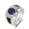 Bröllopsringar Klassiska män Ring White Gold Plated Inlay Round Cut Blue Zircon Men's Casual Business Open Anniversary Jewelry