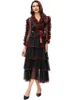 Robes décontractées Designer Mode Printemps Automne Femmes Celebrity Tierred Ruffles Noir Mousseline De Soie Midi Robe De Soirée De Haute Qualité