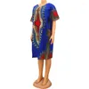 Ethnic Clothing Cotton African Dashiki Dresses Pockets O-Neck Blue Print Short Sleeve Knee-Length Summer For Women