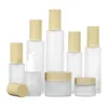 50st Frosted Glass Cosmetic Jar Bottle Face Cream Pot Lotion Spray Pump flaskor med plastimitation Bambu lock 30 ml 40 ml 60 ml 80 ml 100 ml