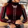 Kvinnors T-skjortor Spring Autumn T-shirt Butterfly Diamond Round Neck Solid Color Off Shoulder Long Sleeve Top Women