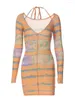 Casual Dresses Women Halter Mini Dress Long Sleeve V Neck Gradient Print Party Cocktail Bodycon