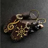 Fashion Vintage Brown Genuine Leather Wing Compass Music Symbol Keychain Charm Handwork Alloy Accessories Men Key Chain