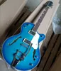 6 Strings Blue Semi Hollow Electric Guitar with Big Tremolo Rosewood Fretboard Flame maple Veneer Customizable