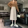 Rokken vintage plaid gebreide lange rok voor vrouwen elastische hoge taille midden-lengte vrouwelijke gesplitste vork one-stappen lente herfst